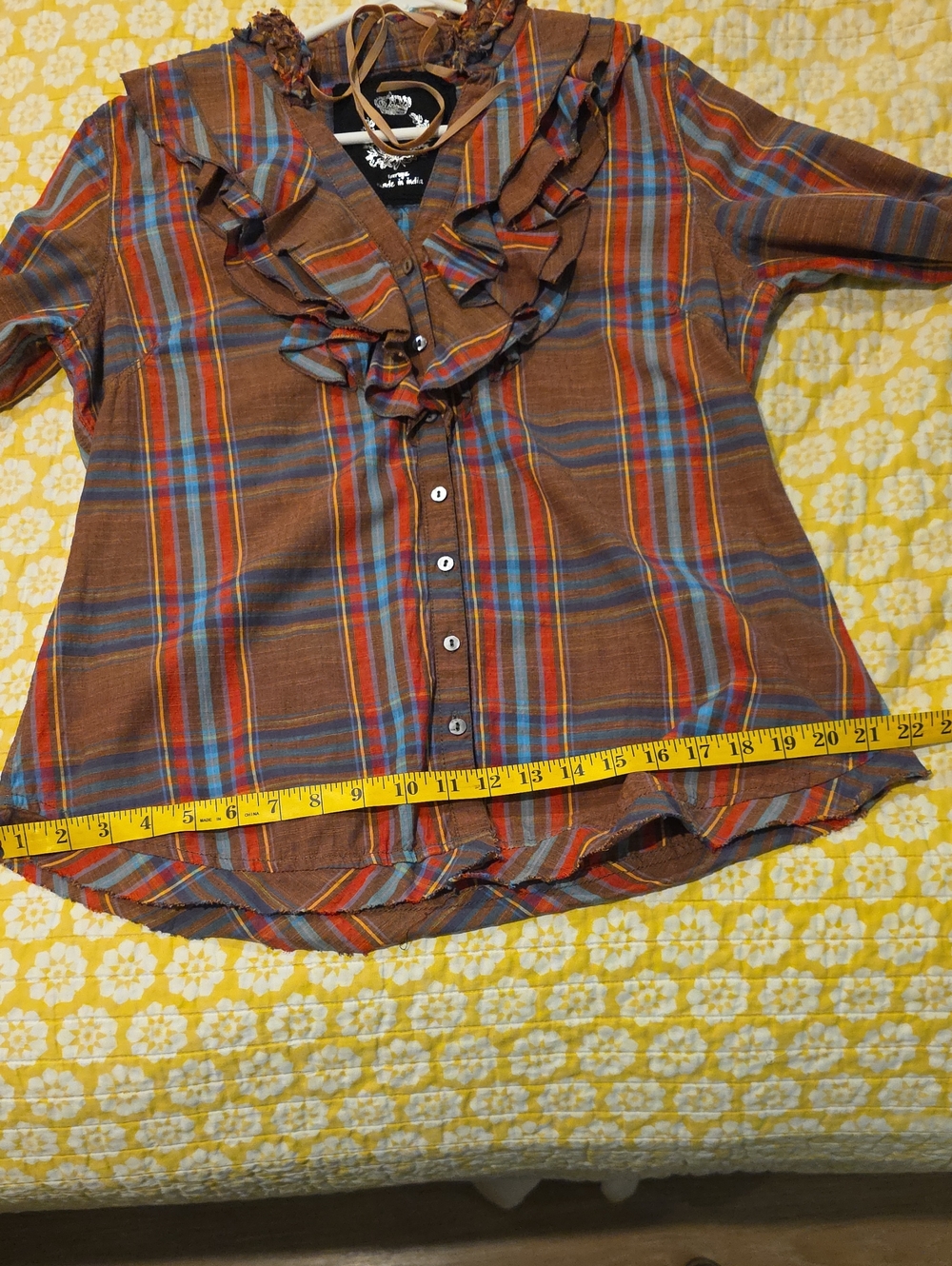 Cino Frayed Ruffle Fringe Plaid Button-Up Shirt Brown Red Blue Large Cotton - Picture 12 of 14
